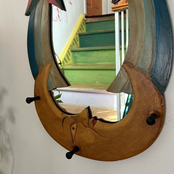 Vintage 23" Boho Celestial Wood Wall Mirror Moon Sun Stars Hand Painted Preowned - Picture 4 of 12